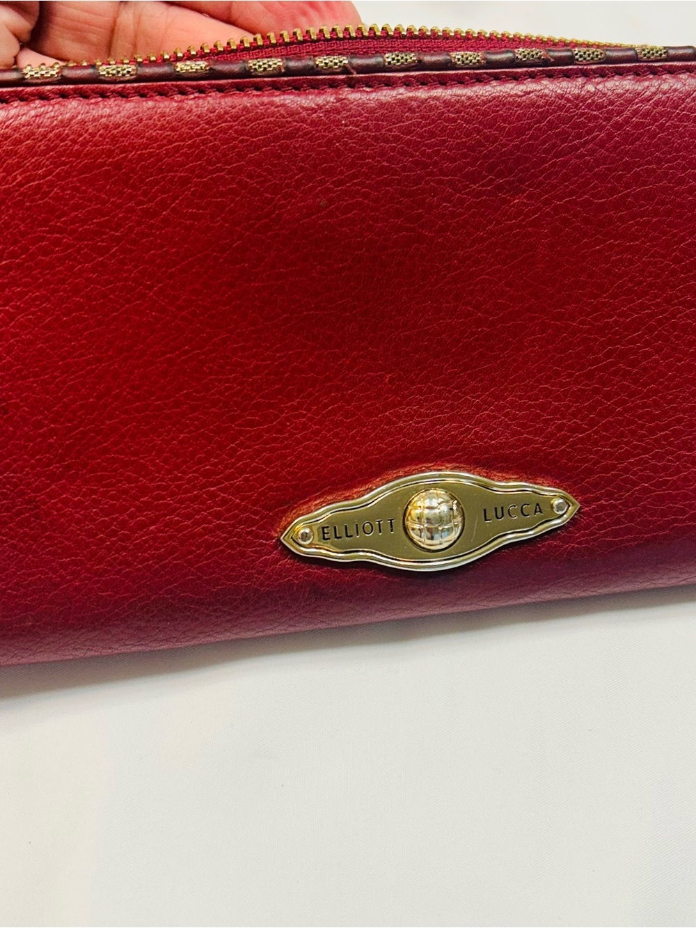 Elliott Lucca “Vintage” Red Leather Zip Wallet with Gold Plaque